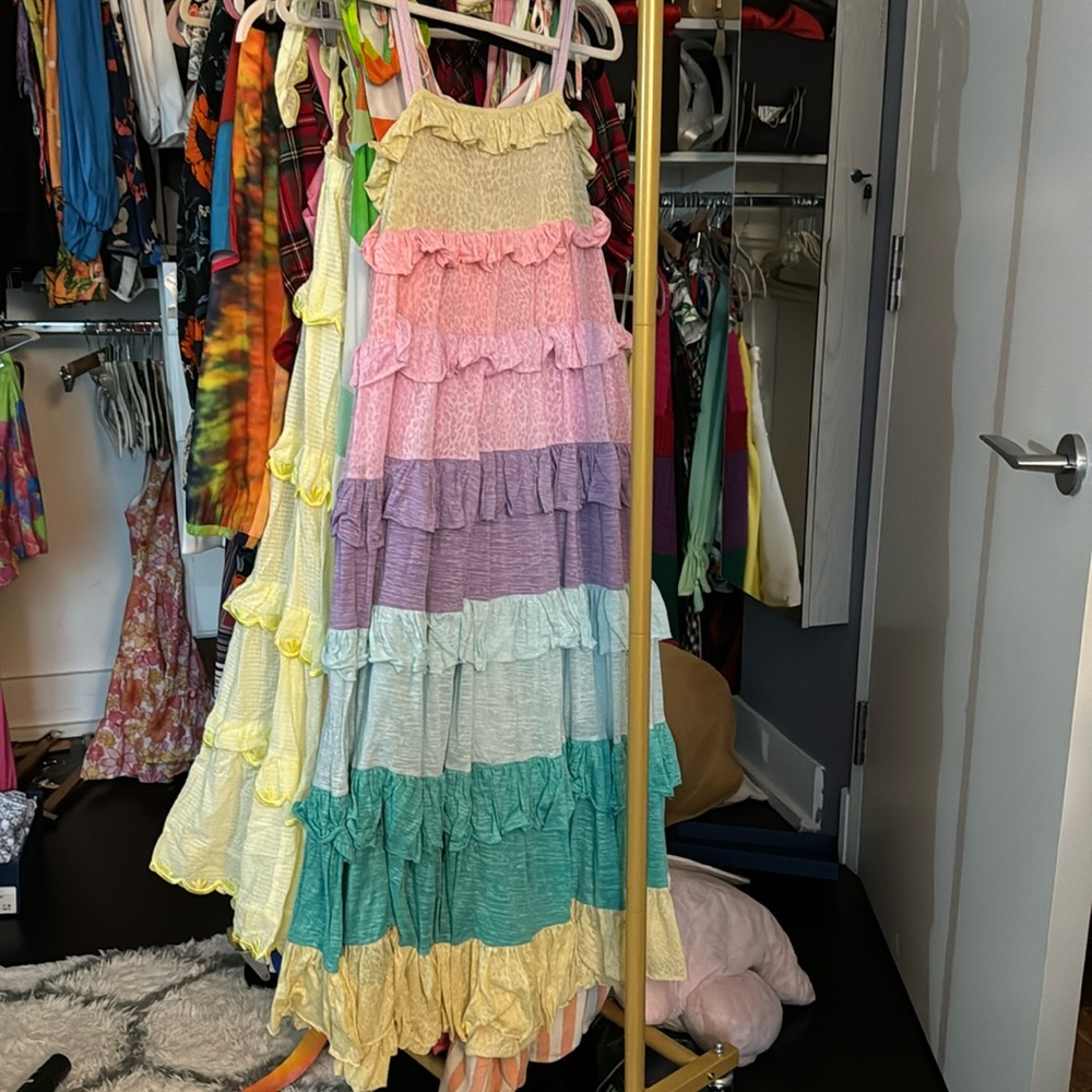 PITUSA PASTEL RAINBOW RUFFLE TIERED DRESS PETITE